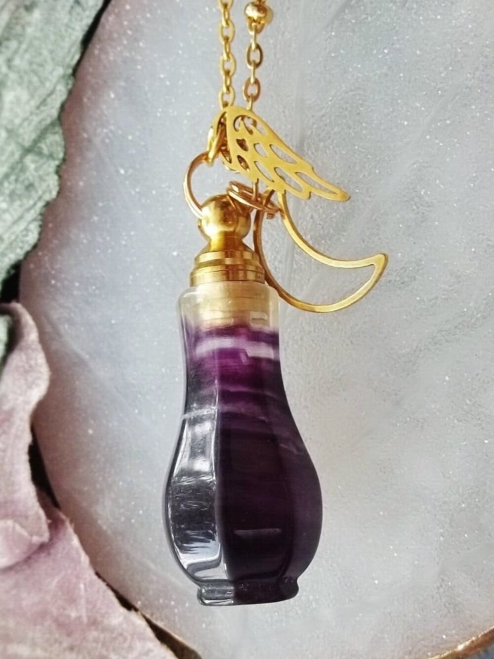Whimsigoth Amethyst Crystal Quartz Vial Necklace Perfume Bottle Pendant Moon